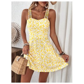 Floerns Women's Floral Print Sleeveless Cami Dress Vacation Flared Mini Dresses Yellow Medium
