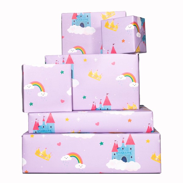 CENTRAL 23 Birthday Wrapping Paper Sheets (x6) - Purple Rainbow and Castle - Gift Wrap for Girls - New Baby - Stars and Crowns - Valentines Day Gift Wrapping Paper - Recyclable