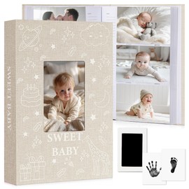 EARLY MINDS Baby Photo Album 10 x 15 300 Pockets with Memo Area & Hand and Footprint Kit, Linen Cover, Slip-in Memory Book with Front Window, Acid Free for Newborn Boys Girls (Beige)