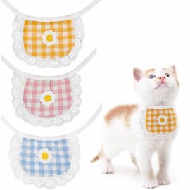 Veewon 3pcs Cute Dog Lace Bandana Grid Flower Puppy Cat Flower Scarfs Bibs Saliva Towel for Small Dog Cat