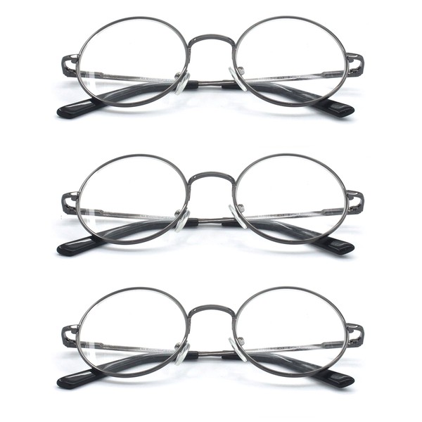 EYE ZOOM 3 Pack Metal Frame Round Reading Glasses with Spring Hinge (Gunmetal, +1.75 Strength)
