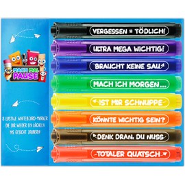 MACH MAL PAUSE - 8 x Whiteboard Marker Pens for School and Office - Funny Whiteboard Marker with Bullet Tip - Accessory Set for Whiteboards & Flipchart - Colours 100% Wipe Clean Without Residue