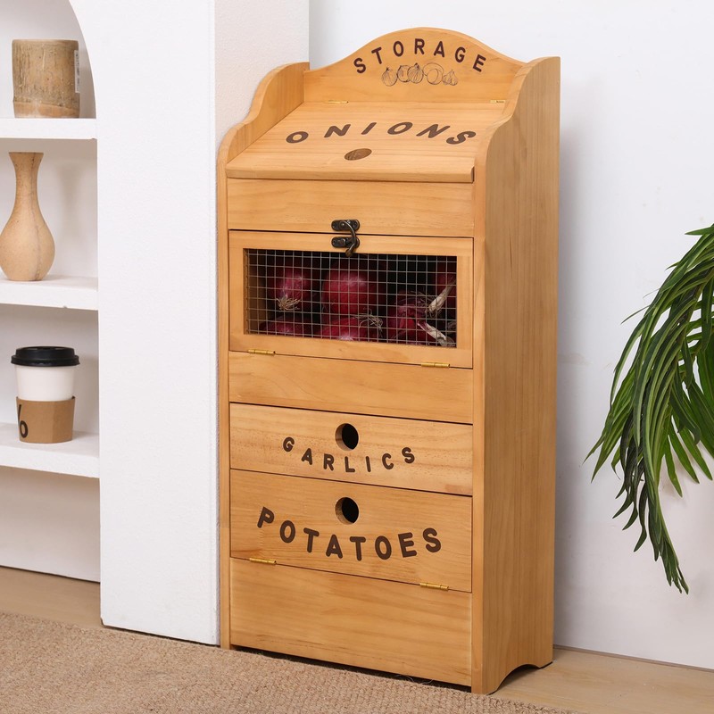 Potato Bin Veggie Organizer Rustic Pine Wood Potato, Onion &
