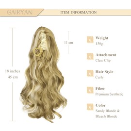 Gairyan 18inch Ponytail Extension Clip in Ponytail Hair Extensions Curly Wavy Pony Tails Claw on Ponytail Long Synthetic Hairpieces for Women Soft Real Look Wave (Sandy Blonde & Bleach Blonde)