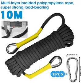 EMAGEREN Outdoor-Seil 8mm Geflecht Nylon Seil 10m Wandern Seil mit 2 Stahlhaken für Wandern Baumfällung Outdoor Sport Camping Garten im Freien Schwarz