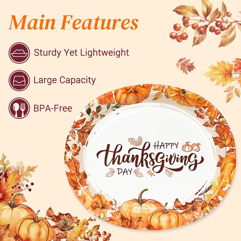 LIKAJON 50 Pcs Oval Thanksgiving Paper Plates, 12 x 10