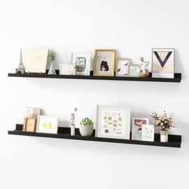 Acovy Picture Ledge Shelf, Wood Long Floating Shelves for Wall, Set of 2, 48 inch Picture Ledge Shelves, Photo Ledge Nursery Book Shelves Wall Mounted for Living Room Kids' Room Bedroom, Color Black