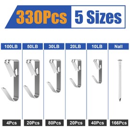 330Pcs Picture Hanging Kit, Heavy Duty Picture Hangers for Drywall, Picture Hanging Hooks, 5Sizes Picture Hooks for Hanging Hardware Mirror, Pictures Frame Hanger Include 100-10lbs and 166nails VOPTON