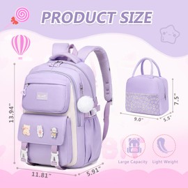 GeeWin Backpack for Girls, Bookbags Back Pack School Bag for Teens Girls Kid Children Elementary Middle School Student, Waterproof Stylish Girls Backpack with Insulated Lunch Bag & Pencil Bag (Purple)