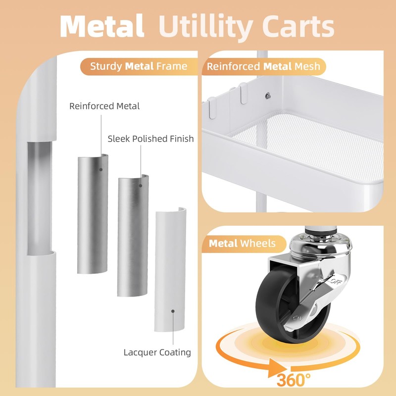 KINGRACK 3 Tier Metal Rolling Cart with Drawer, White Utility
