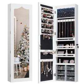 NAFORT 5 LEDs Jewelry Armoire with Full-length Mirror, Lockable Jewelry Storage Cabinet with 4 Shelves and 6 Acrylic Drawers, Door or Wall Mounted Mirror Jewelry Organizer Box, White
