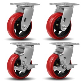 CWfutureparts 5"X2" Industrial Casters,Heavy Duty Casters Set of 4,Crowned Polyurethane Tread Cast Iron Center Wheels, Swivel with Top Lock Brake Casters, Load Capacity 4000 lbs Per Set (4-Pack)
