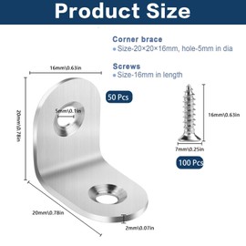 Angle Connectors, 20 x 20 mm, Stainless Steel Angle Mounting Bracket, Metal Angle, 90 Degree, L Shape, Furniture Angle, Small Angle Metal with 100 Screws for Mounting Angle Bracket, Furniture