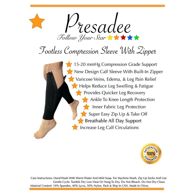 Presadee Calf Zipper 15-20 mmHg Compression Leg Circulation Fatigue Shin