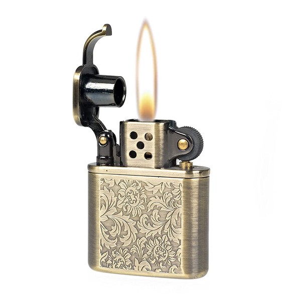 Antique Style Lift Arm Kerosene Brass Metal Windproof Lighter for Collection Decorative Gift (Flowers)
