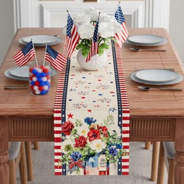 XCHI Stripes Colorful Flowers Vases Stars Fireworks Patriotic America 4th of July Memorial Day Independence Day Table Runner Decoration for Home Kitchen Holiday Party 13x108 Inch