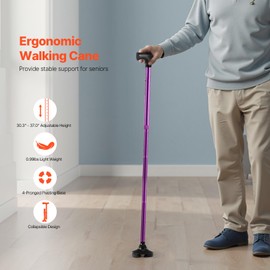 Happybuy Walking Cane for Men and Women, Folding Walking Stick with 8-Level Adjustable Height, 4-Pronged Pivoting Base, Lightweight Portable Aluminum Mobility Aid, 250LBS Weight Capacity (Purple)