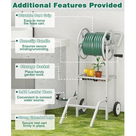 Artigarden Hose Reel Cart with 2 Wheels, Garden Water Hose Holder Heavy Duty Powder Coated Steel Outdoor Winder Storage Holds 125 ft 5/8" Hoses with Basket and 3.9ft Leader Hose for Backyard, White