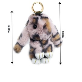 Xsclpomddy Plush Rabbit Keyring Plush Bunny Pom Poms Bag Pendant Handbag Car Key Decoration, Pink Leopard