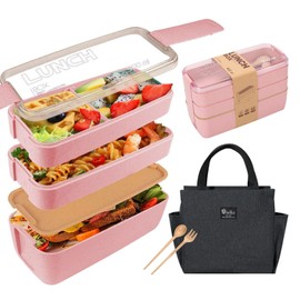Lunch Box, Fiambrera Bento Box de Almuerzo Contenedor Bundle Divider Estilo,Con Una Bolsa de Almuerzo,900 Ml LIBRE DE BPA, 3 Pisos, Lonchera Contenedor Cubiertos Incluidos, Eco Friendly (Rosa)