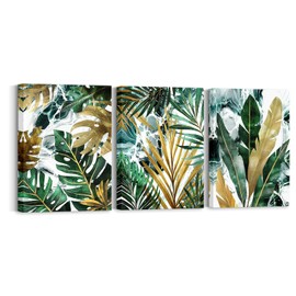RnnJoile Tropical Wall Art Canvas Emerald Green and Gold Pictures Painting Hawaiian Palm Leaves Marble Artwork for Home Bathroom Offce Wall Decor Framed 12"x16"Each
