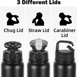 Oldley Insulated Water Bottle 20oz Water Bottles with Straw, Stainless Steel Water Bottle with 3 Lids, Double Wall Vacuum Bottles for Adult Kids, Sports Bottles for School Travel,Black Gray