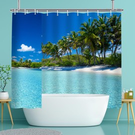YISURE Shower Curtain Beach Sea Ocean Palm Trees Shower Curtain Bath Textile Mould Resistant Machine Washable with 16 Metal Eyelets Width 240 x Height 200 cm