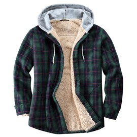 Derbars Women's Sherpa Lined Flannel Shirt Jacket Cotton Plaid Fleece Button Down Jackets with Hood for Women Green Large