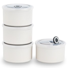 Ceramic Bowls with Lids, 20 oz Microwave Safe Food Container for Serving Cereal, Soup, Salad, Meal Prep, Storing Leftovers, Picnic, Camping, Office Lunch, 5 inch-Set of 4 (Oatmeal White)