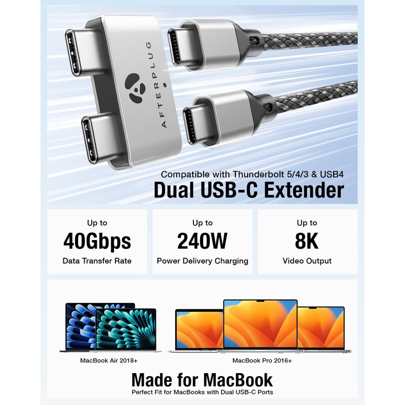 Afterplug Dual USB‑C Extender for MacBook with Case, 2-Port Pass‑Through
