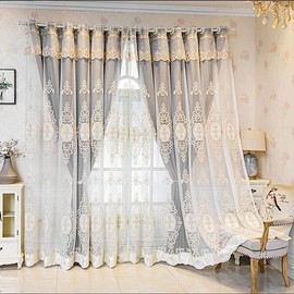 Amidoudou Pack of 2 European Double Layer Curtains with Valances for Living Room Bedroom Luxury 3D Flower Embroidered Curtains (Grey,52x96 Inch)