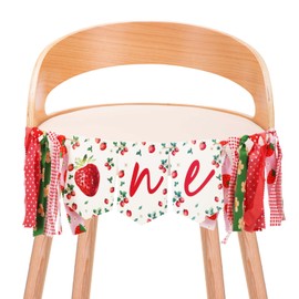 1st Birthday High Chair Banner, Strawberry Highchair Banner Birthday Photo Backdrop Wall Hangings for Kids One Birthday Party Strawberry Party Decorations