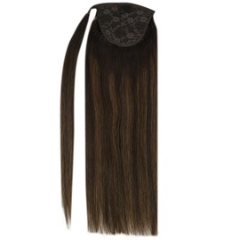 Sunny Brown 14inch Pony Tails Hair Extensions Brown 80g Real Human Hair Ponytail Extension Darkest Brown Fading To Medium Brown Balayage Clip in Ponytail Hair Extensions Brown Highlight