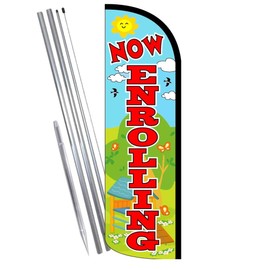 Vista Flags NOW ENROLLING (Blue/Green) Windless Feather Banner Flag Kit (Flag, Pole, & Ground Mt)