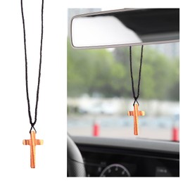 Ziciner Natural Wooden Cross Pendant Necklaces, Adjustable Handcrafted Wooden Car Rearview Mirror Pendant, Universal Vehicle Rear View Mirror Decoration for Men and Women (Standard, Red)