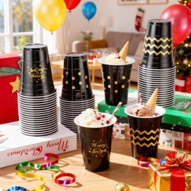 60 Pcs Happy New Year Plastic Cups Bulk 16 oz 2026 Black and Gold Disposable Drinks Cups New Year Eve Party Supplies for Festive Party Favors Decorations