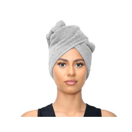 Sapphire Collection Hair Drying Towels, 100% Pure Terry Towel Cotton Soft Hair Towel Wrap Hair Twist Turban Towel Absorbent Hair Cap Head Wrap Spa Towels with Loop & Button for Long Hairs (Silver)