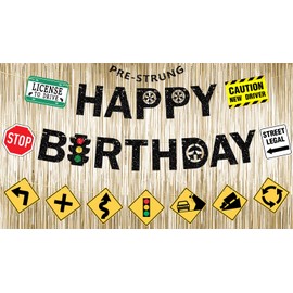 Ushinemi Pre-Strung Driver’s License Birthday Decorations, NO DIY Glitter Happy Birthday Banner New Driver Car Road Signs, 16th 17th Learner Driver Birthday Party Supplies