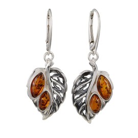 Amber Earrings - Baltic Amber French Leverback Honey Amber Leaf Earrings - Sterling Silver Jewelry Collection