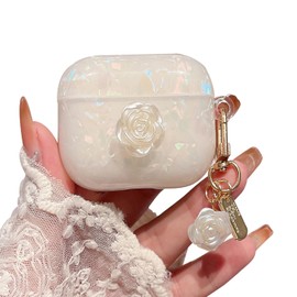 PHOEACC Compatible with AirPods 4th Generation Case Cute Luxury Marble Protective Case with Pearl Shell Keyring for Girls and Women (Rose White)