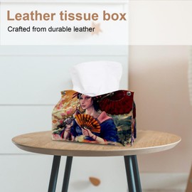 2 Pack Tissue Box Cover Holder, Japanese Geisha Girl Rectangle Leather Tissue Case, Decorative Organizer for Tabletop, Bathroom, Car, Office