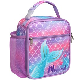 Bagseri Girls Lunch Bag - Insulated Lunch Bag for Kids, Portable Lunch Cooler Bag for School, with Bottle Holder, Water-Resistant Lining, Pink Purple Mermaid