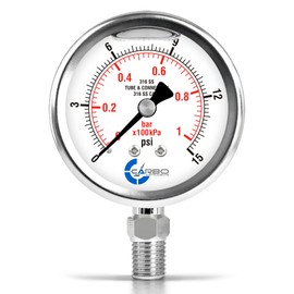 CARBO Instruments 2 1-2" Pressure Gauge, All Stainless Steel Wetted Parts, Case, Connection, Liquid Filled, 0-15 psi/kPa, Lower Mount 1/4" NPT