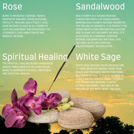 Satya Nag Champa Incense Sticks - 4 unique and premium flavours - Rose, Sandalwood, White Sage, Spiritual Healing and comes with SAMASIA incense holder