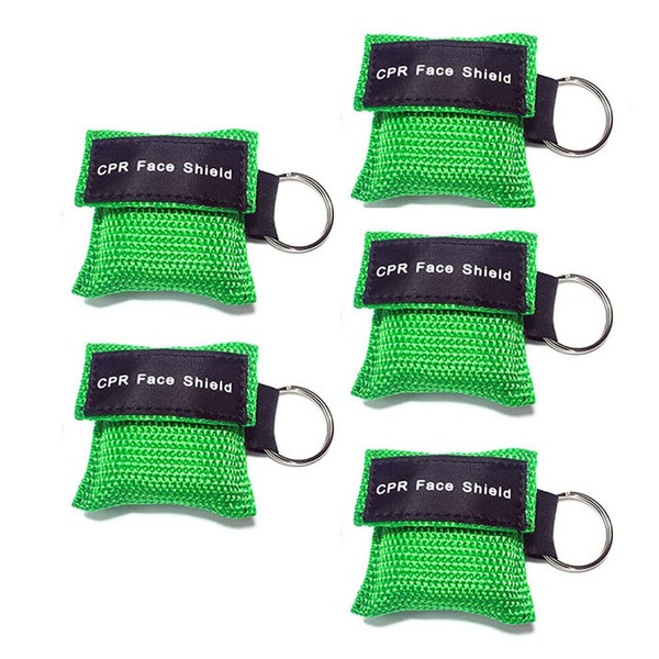 5Pcs CPR Mask, Rescue Face Shields with One-Way Valve Breathing Barrier and Keychain Ring for First Aid or AED Training (Green)