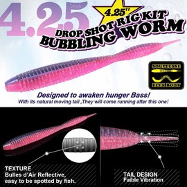 Drop-Shot-Rigs-for-Bass-Fishing-Soft-Plastic-Lures-Worm Fishing Hooks, 4 inch Rubber Worms, Wacky Worms, Straight Tail Stick Baits - 49 Piece Kit with 25 Bodies, 18 Hooks, 6 Weights