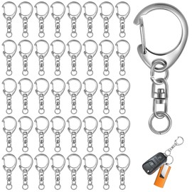 Keychain Metal Fittings (50 Pieces), Keychains, Parts, with Swivel Can, One-touch, Rotating Hook, Can Hang Keys, Dolls, Etc., Commuting, School, DIY, Silver, 1.7 x 0.7 inches (44 x 18 mm)