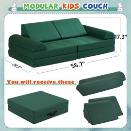 jela Kids Couch Large, Floor Sofa Modular Funiture for Kids Adults, Playhouse Play Set for Toddlers Babies, Modular Foam Play Couch Indoor Outdoor (56.7"x28.3"x17.3", Pine Green)