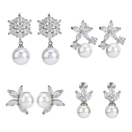 UNICRAFTALE 4 Styles Pearl Drop Earrings Cubic Zirconia Pearl Earrings Wedding Bridal Stud Earrings Pearl Zirconia Silver Earrings Prom Jewellery For Women Brides Bridesmaids, No