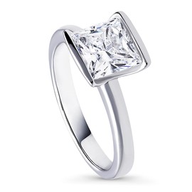 BERRICLE Sterling Silver Solitaire Wedding Engagement Rings 2 Carat Half Bezel Set Princess Cut Cubic Zirconia CZ Ring for Women, Rhodium Plated, US 8, Sterling Silver Cubic Zirconia, Cubic Zirconia